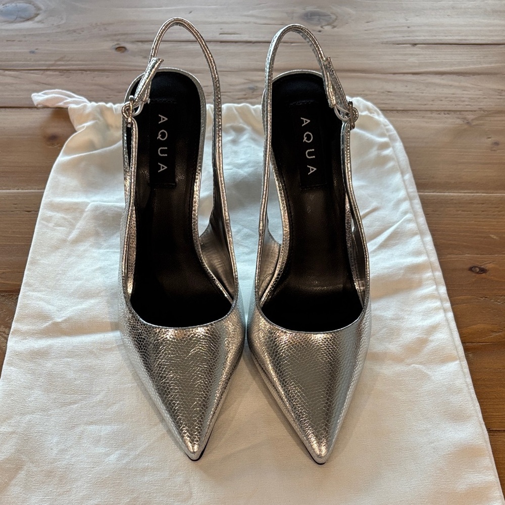 Aqua Metallic Silver Pointed Slingback Heels
